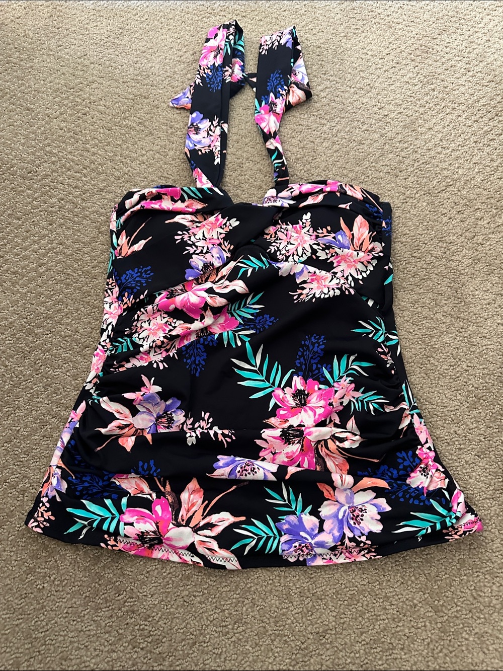 Floral Black Twist-Front Tankini Top